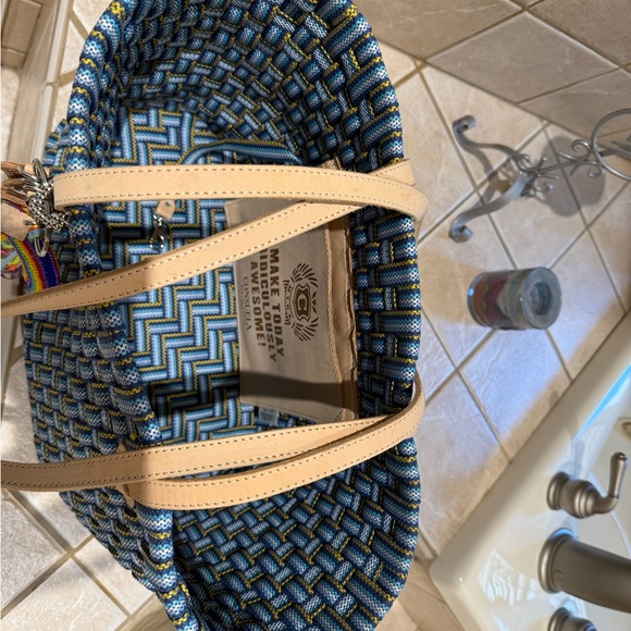 Consuela Blue and Tan Woven Tote - Picture 2 of 2